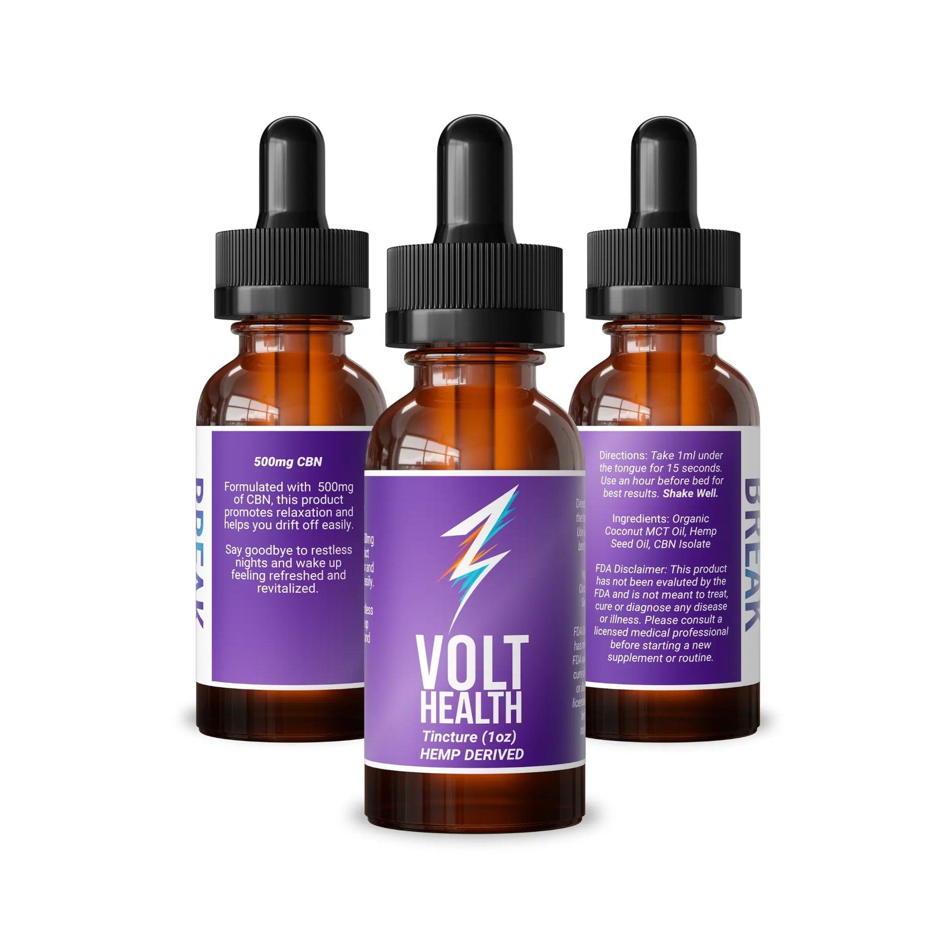 Volt Health Break Product Bottle Front and both side labels