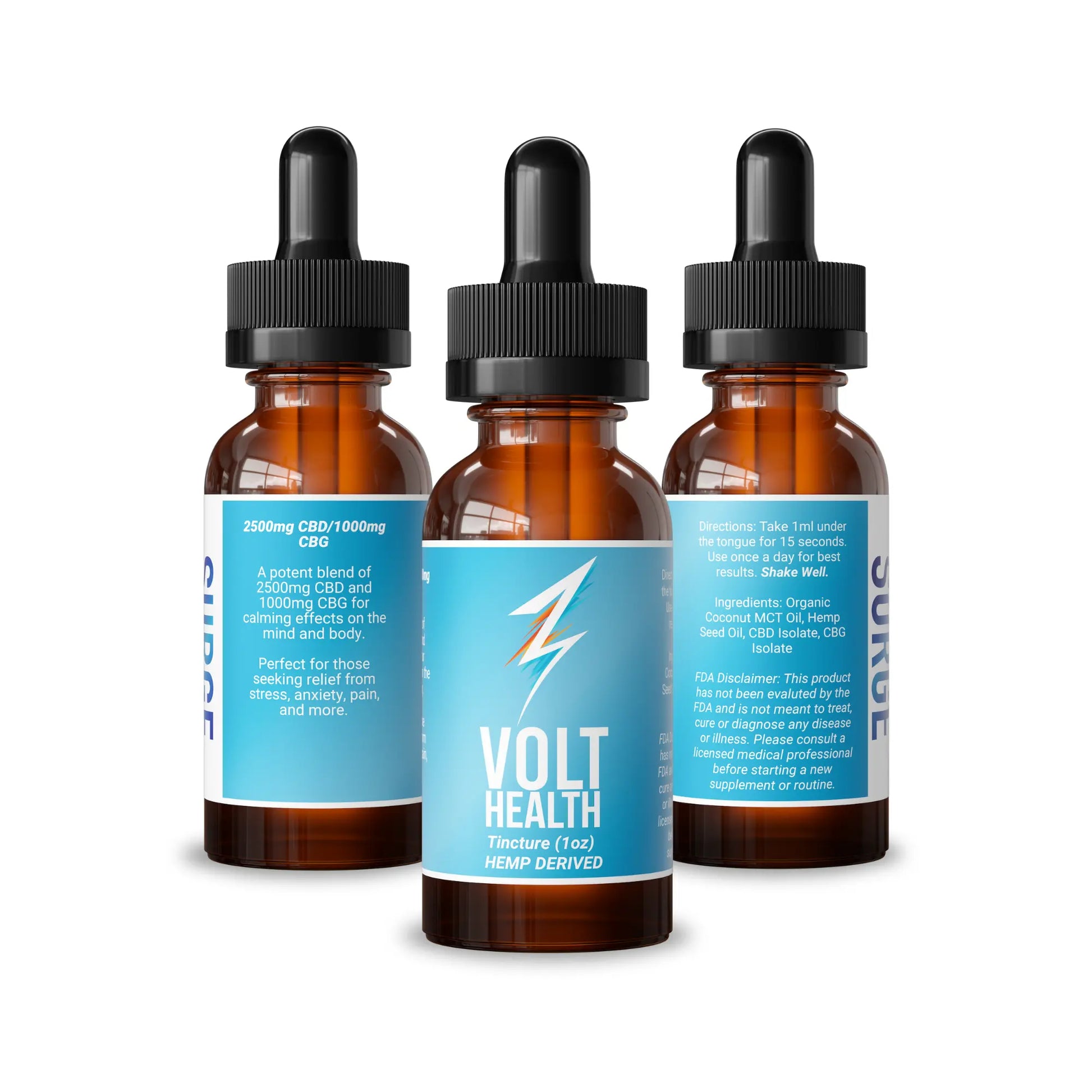 Volt Health, Surge, Bottle, Front, Right and Left Label 